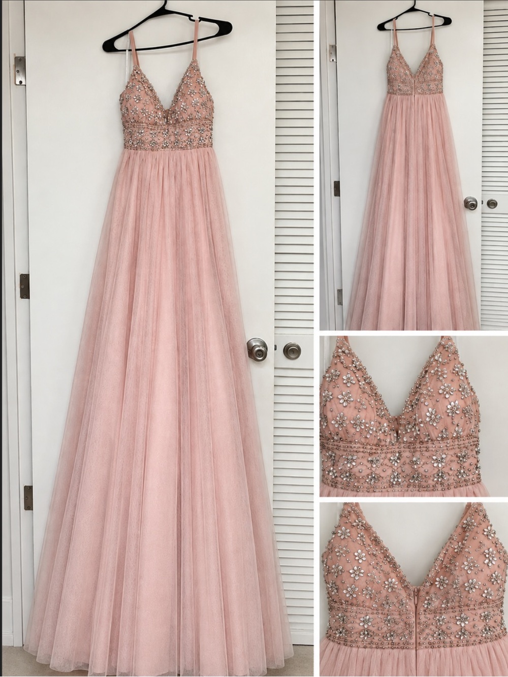 Beaded V-Neck Blush Pink Tulle Prom Gown